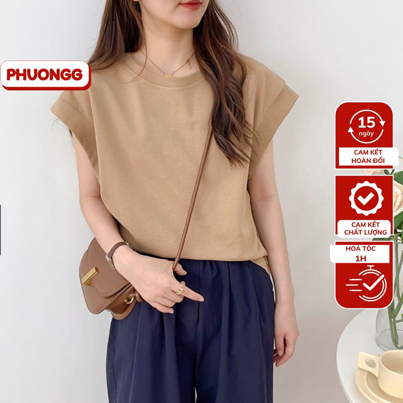 Áo phông nữ cổ tròn tay bồng form suông trơn basic PHUONGG chất cotton mềm mịn phong cách năng động