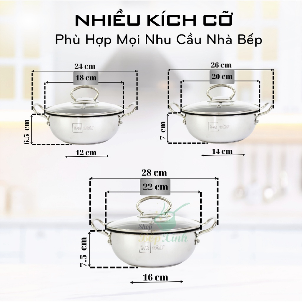 Nồi chống dính cao cấp Fivestar 18cm/20cm/22cm - Inox 3 đáy - Nắp kính