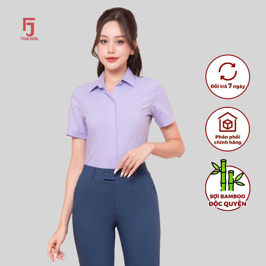 Áo sơ mi nữ Thái Hòa thiết kế ngắn tay công sở  vải sợi tre cao cấp nhiều màu ASW0301-R07