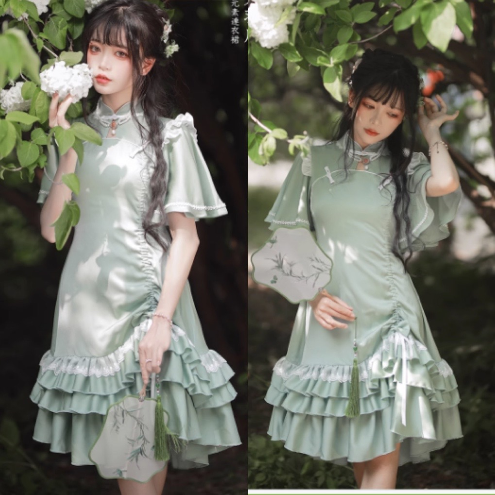 YAS0036-Sườn xám cách tân Trung quốc xanh lá