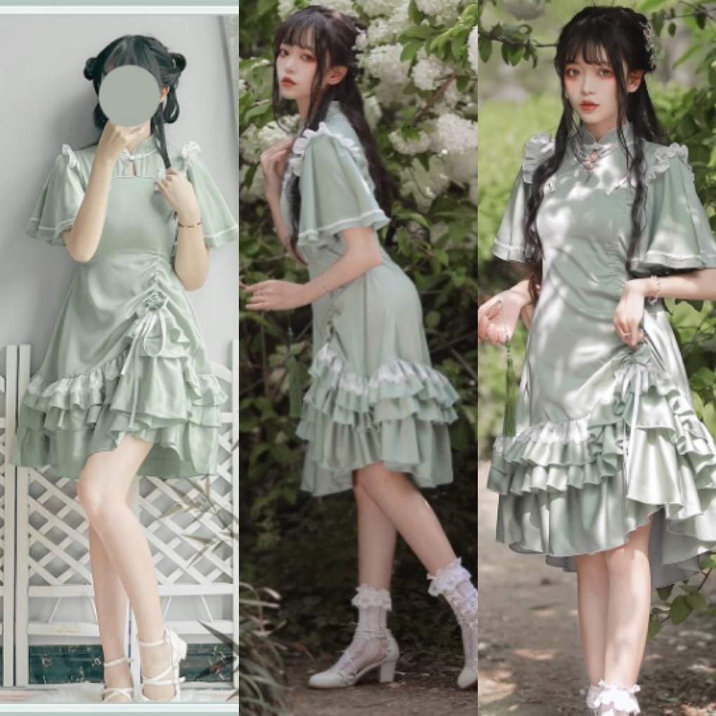 YAS0036-Sườn xám cách tân Trung quốc xanh lá