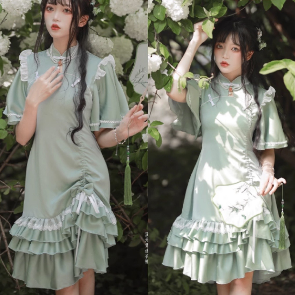 YAS0036-Sườn xám cách tân Trung quốc xanh lá