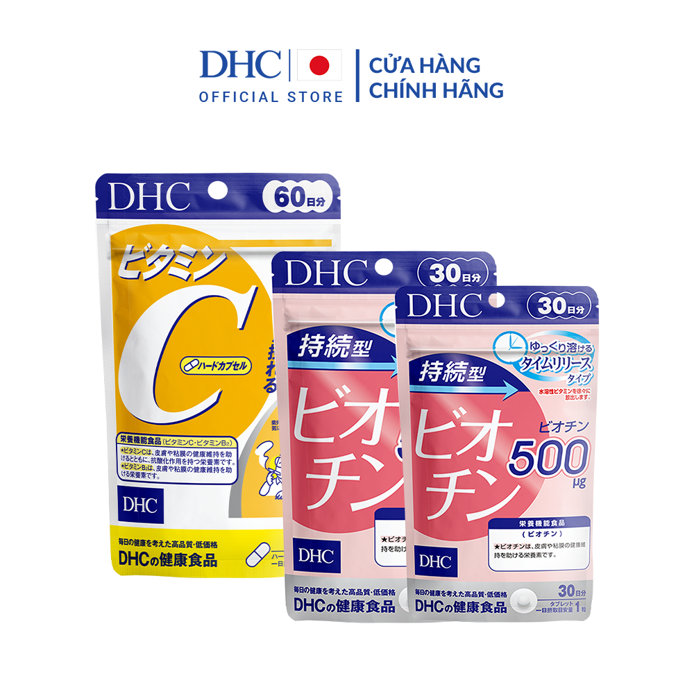 Combo Viên uống DHC Da Sáng - Tóc Khỏe 60 Ngày (Vitamin C 120 viên & Biotin 60 viên)