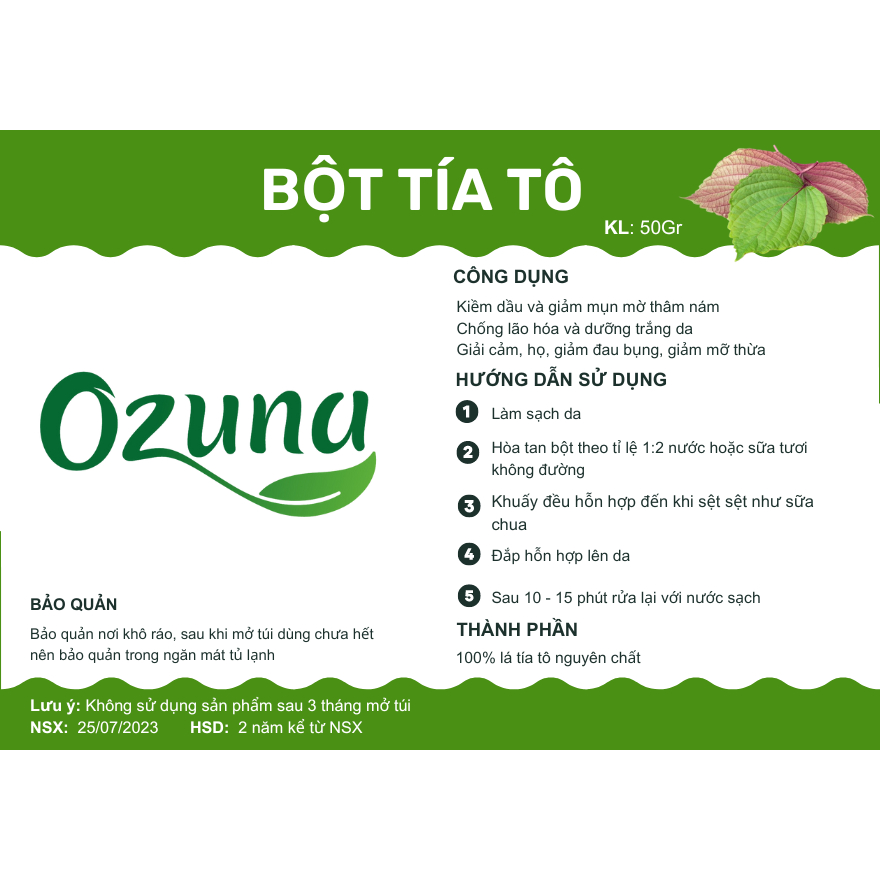 Bột lá tía tô nguyên chất sấy lạnh Ozuna Việt Nam chăm sóc da giúp giảm mụn, mờ thâm nám, sáng da chuyên dùng trong spa