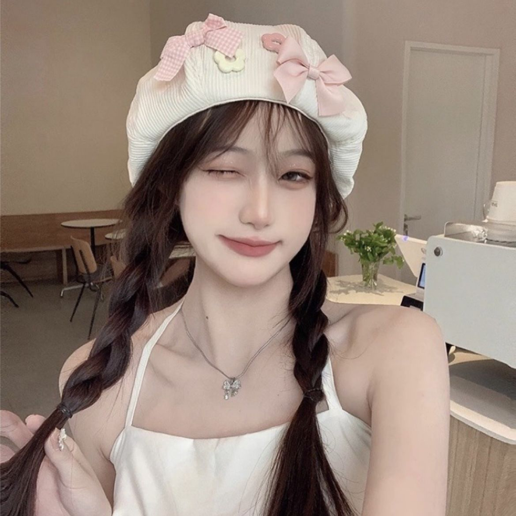 Mũ Beret thoáng khí Đính nơ hoa ngọt ngào thời trang phong cách Hàn Quốc, Hayna Hats M74