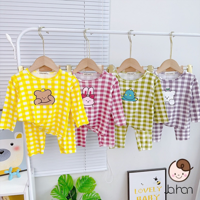 NT121 Bộ dài tay thun lạnh Minky Mom hoạ tiết sọc caro in hình con vật dễ thương cho bé trai, bé gái