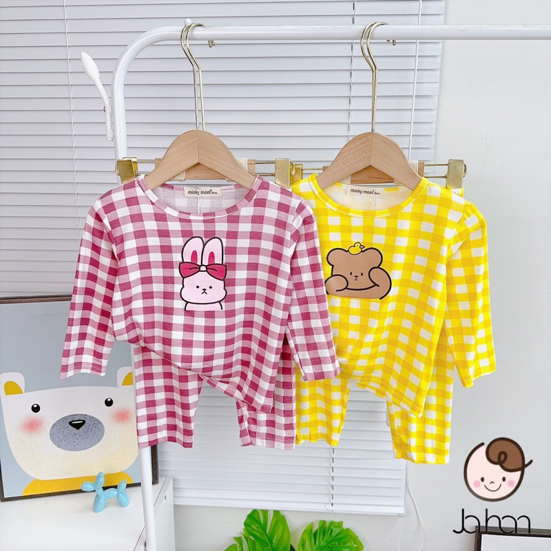 NT121 Bộ dài tay thun lạnh Minky Mom hoạ tiết sọc caro in hình con vật dễ thương cho bé trai, bé gái
