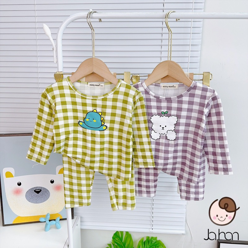 NT121 Bộ dài tay thun lạnh Minky Mom hoạ tiết sọc caro in hình con vật dễ thương cho bé trai, bé gái