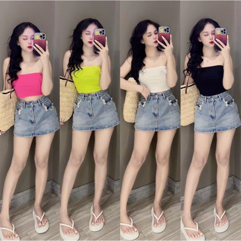 Áo croptop ống trơn chít eo 2 bên