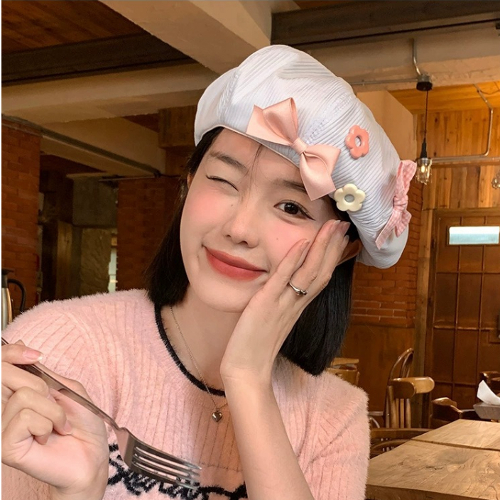 Mũ Beret thoáng khí Đính nơ hoa ngọt ngào thời trang phong cách Hàn Quốc, Hayna Hats M74