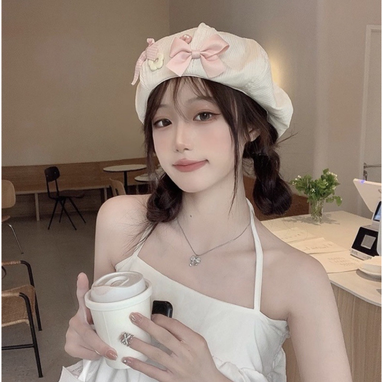 Mũ Beret thoáng khí Đính nơ hoa ngọt ngào thời trang phong cách Hàn Quốc, Hayna Hats M74