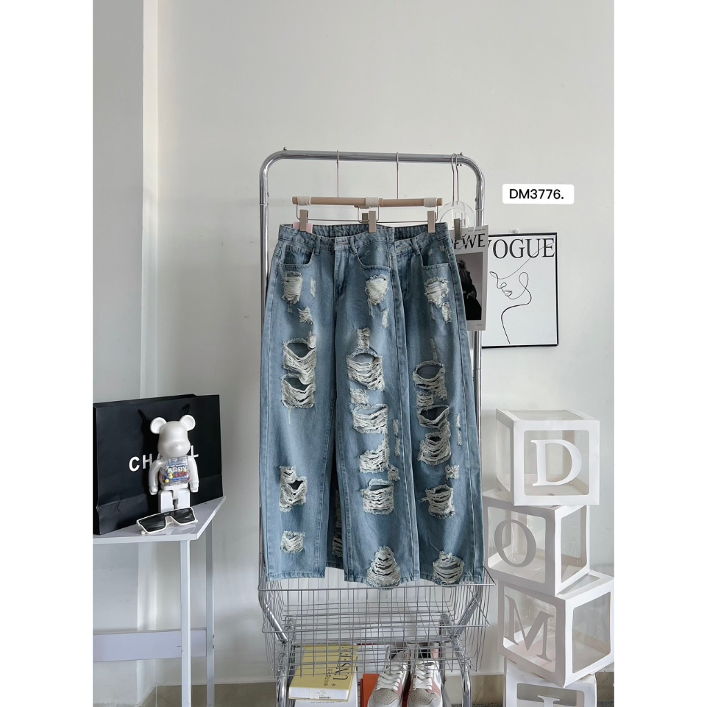 Quần baggy jean ống suông rách mã 3776