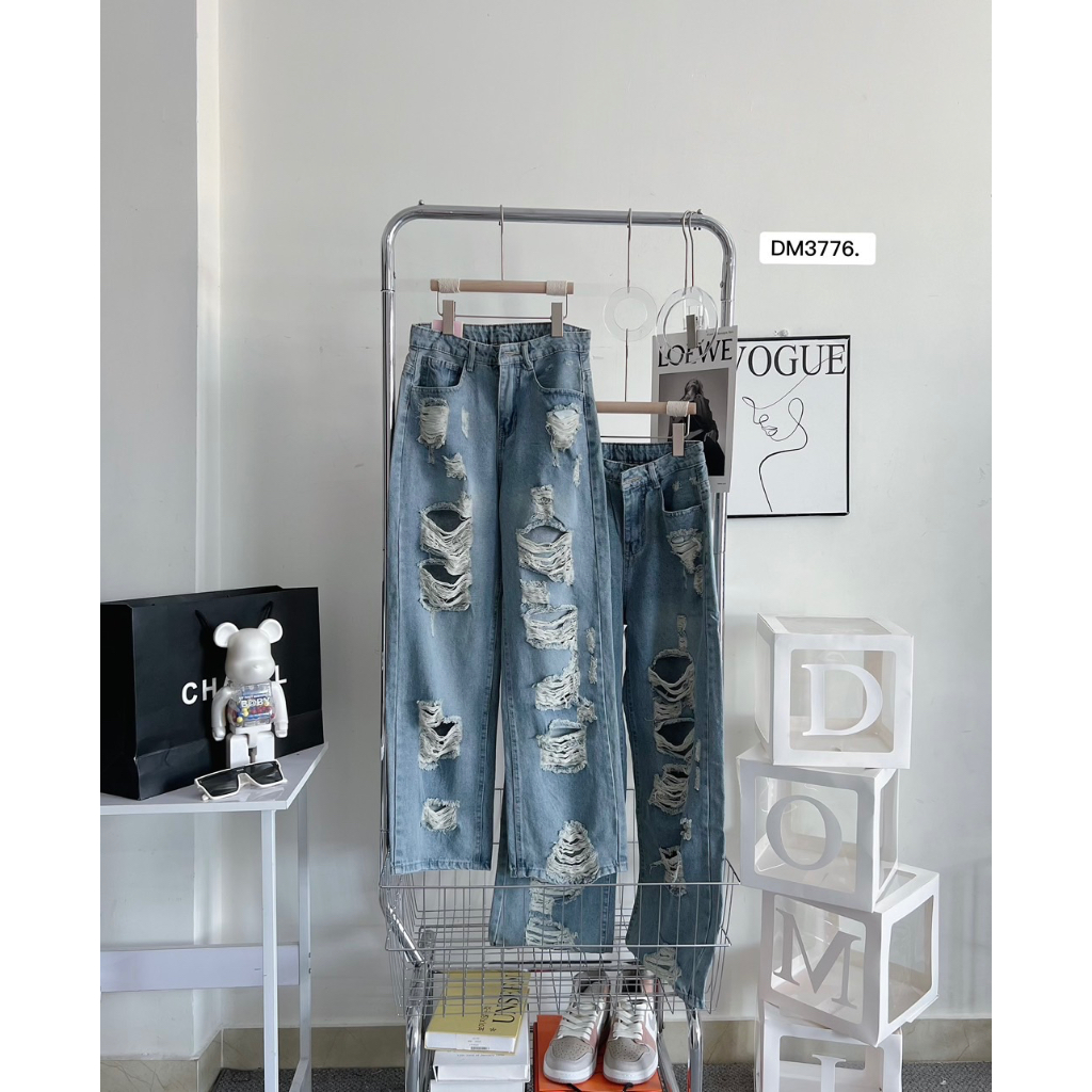 Quần baggy jean ống suông rách mã 3776
