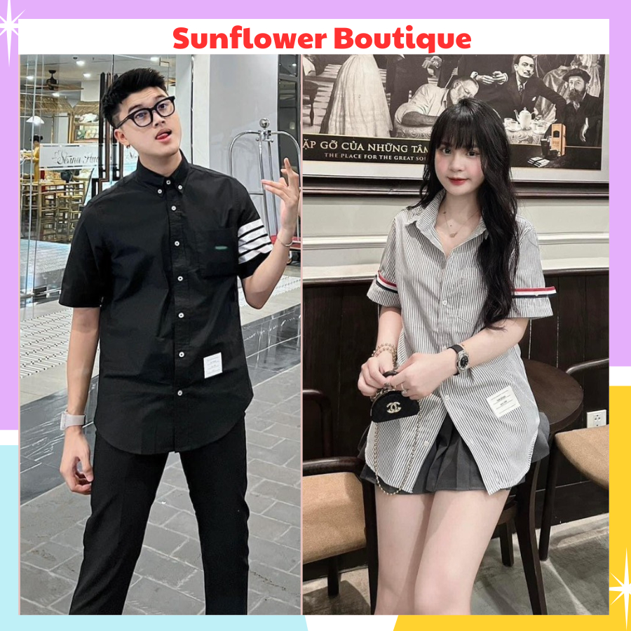 Áo sơ mi kẻ tay ngắn unisex nữ nam mặc được chất thô mềm đẹp