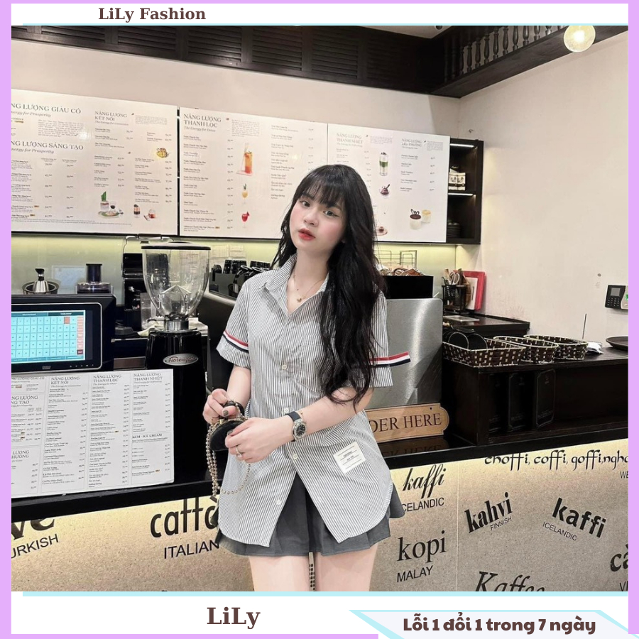 Áo sơ mi tay ngắn unisex nữ nam mặc đèu đẹp, hoạ tiết kẻ có vạch tay siêu hot