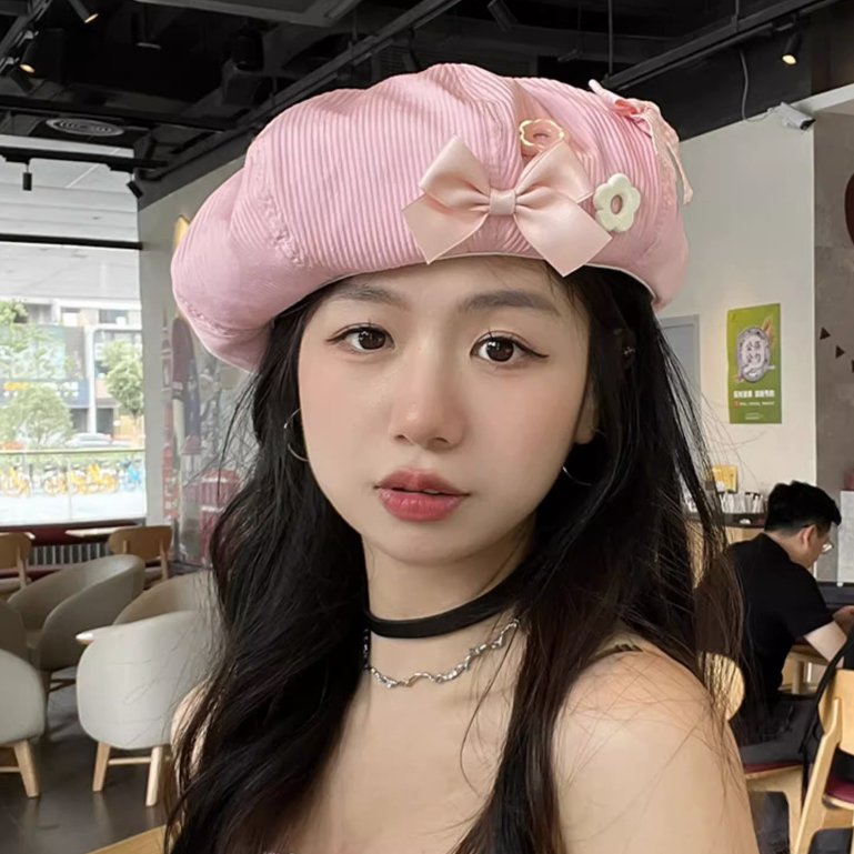Mũ Beret thoáng khí Đính nơ hoa ngọt ngào thời trang phong cách Hàn Quốc, Hayna Hats M74