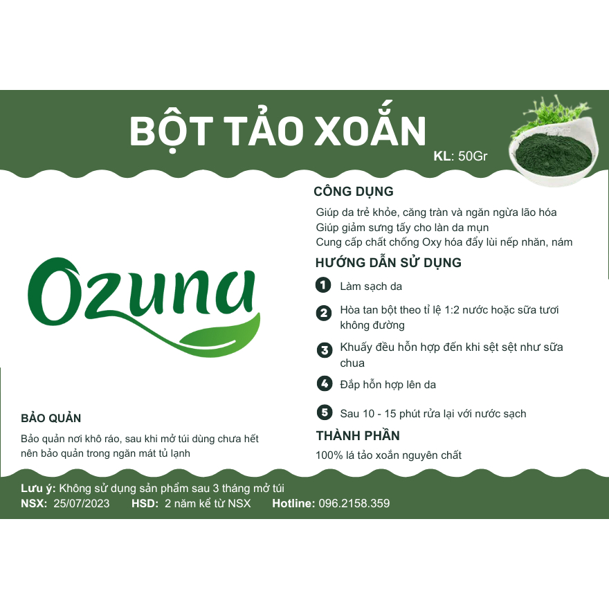 Bột đắp mặt nạ tảo xoắn nguyên chất Ozuna Việt Nam chăm sóc da mặt giúp trẻ hóa, mờ nhăn, ngừa mụn chuyên dùng spa