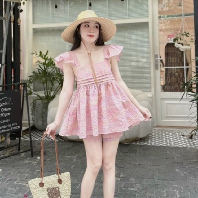 Set Áo Cánh Tiên Kẻ Sọc Kèm Quần Short Cực Xinh Phong Cách Tiểu Thư Năng Động Cho Nữ Đi Chơi Dự Tiệc