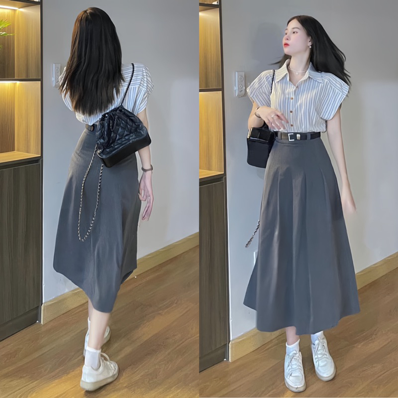 Set Chân Váy Xám Xếp Ly Tặng Kèm Đai Dáng Dài SNUPI.SHOP