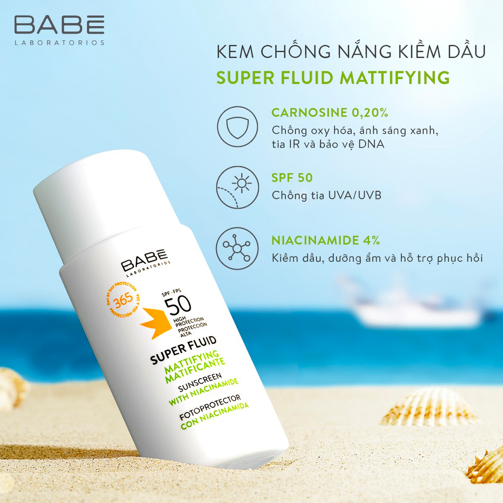Kem Chống Nắng Phổ Rộng BABE Super Fluid/ Super Fluid Mattifying Sunscreen SPF50 50ml