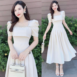 Đầm dự tiệc cổ vuông đính đá siêu sang, dáng dài xếp ly - XU XU SHOP - Váy nữ thiết kế cao cấp đi tiệc, sự kiện tôn dáng
