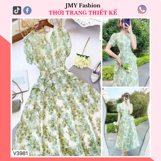 V3981 Váy hoa nhí xanh dáng xoè dài cổ V nữ tính váy đầm voan hoa xanh lá