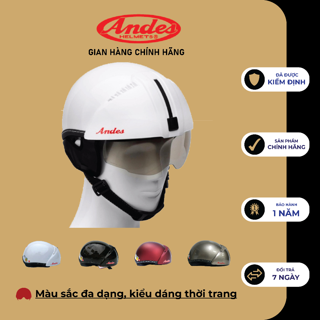 Mũ Bảo Hiểm Andes 181 Giấu Kính Tháo Lót nhiều màu