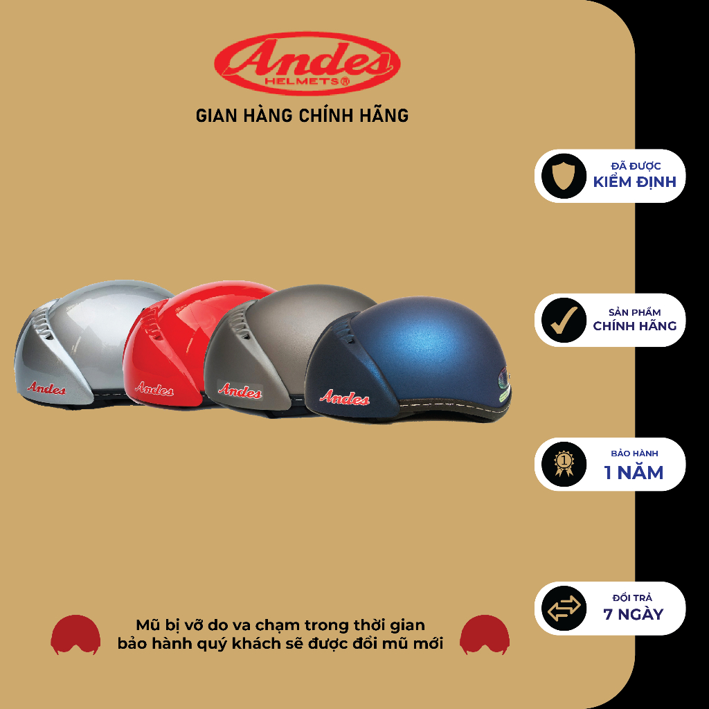 Mũ Bảo Hiểm Andes 181 Giấu Kính Tháo Lót nhiều màu