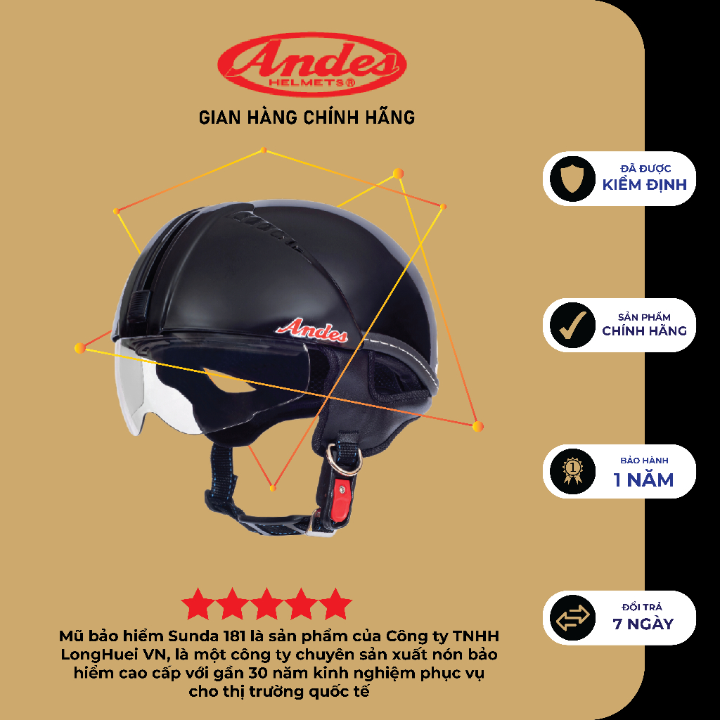Mũ Bảo Hiểm Andes 181 Giấu Kính Tháo Lót nhiều màu