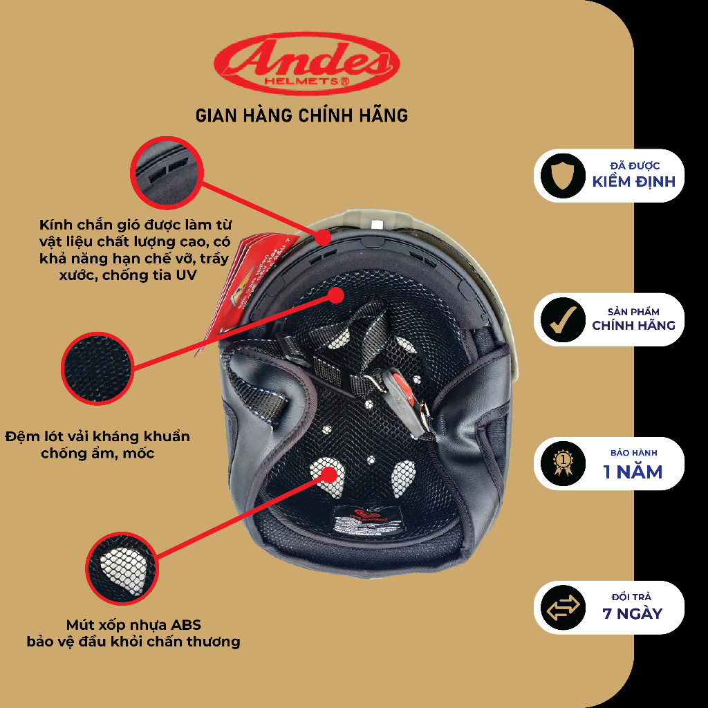 Mũ Bảo Hiểm Andes 181 Giấu Kính Tháo Lót nhiều màu