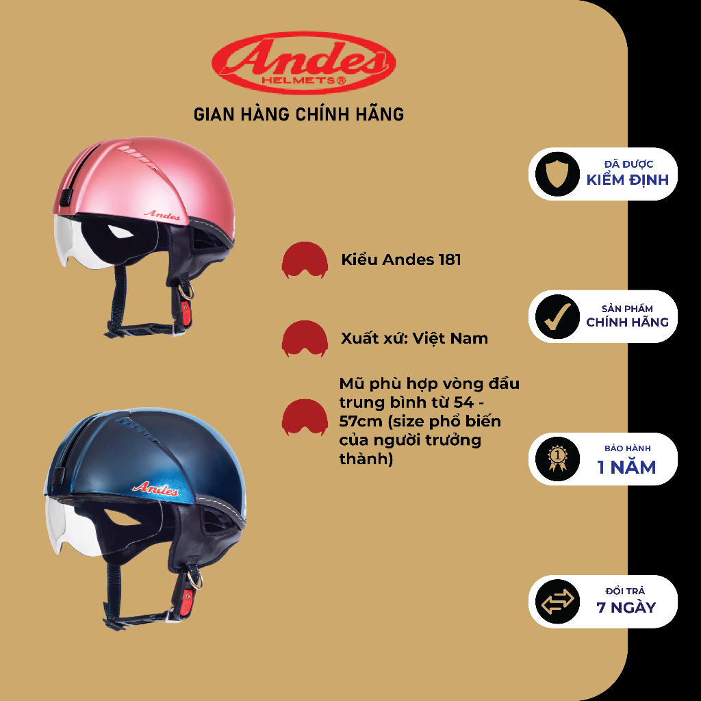 Mũ Bảo Hiểm Andes 181 Giấu Kính Tháo Lót nhiều màu