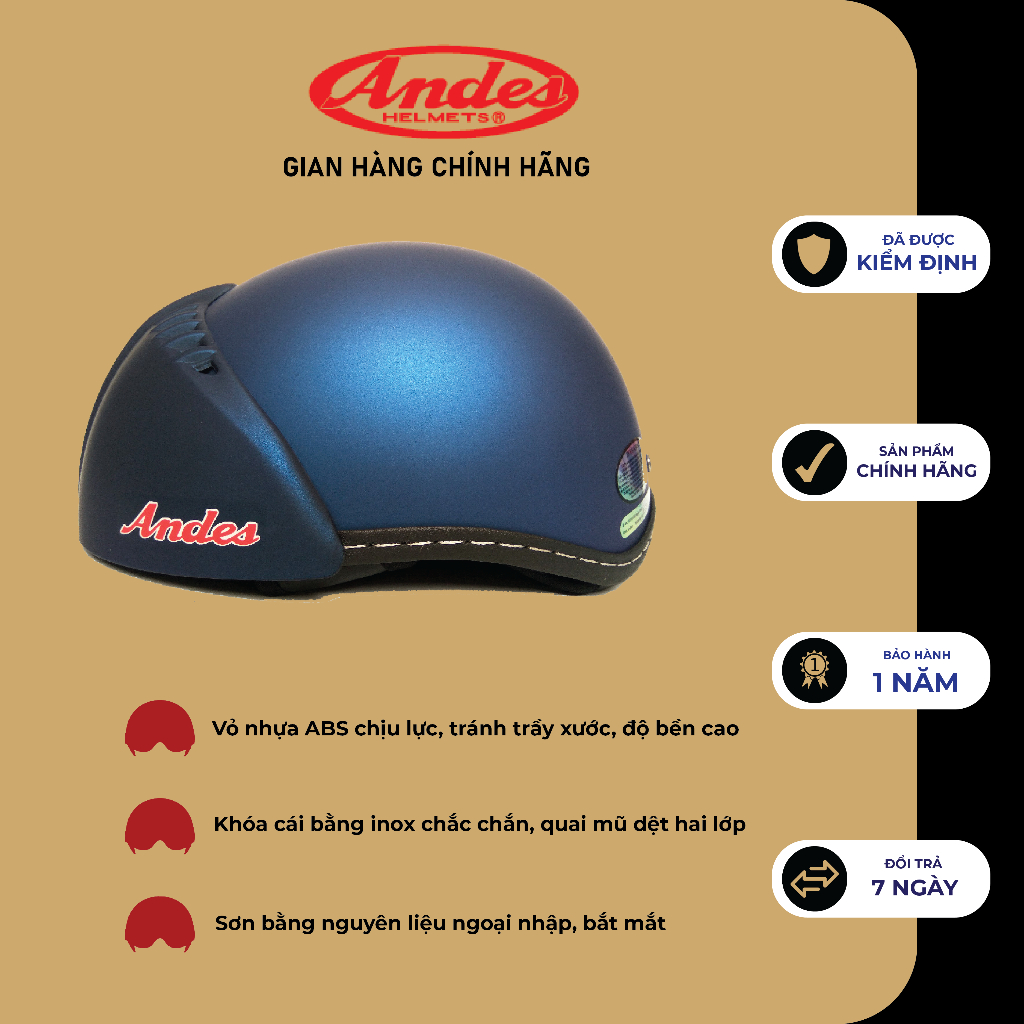Mũ Bảo Hiểm Andes 181 Giấu Kính Tháo Lót nhiều màu