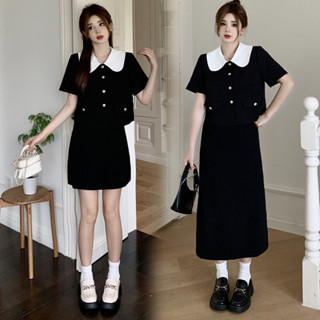 Set bộ đồ nữ sang chảnh, áo croptop đen cổ trắng mix chân váy midi dáng chữ A (có bigsize)-S02