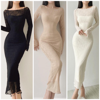 ĐẦM ÔM MIDI TAY DÀI CỔ THUYỀN REN LƯỚI