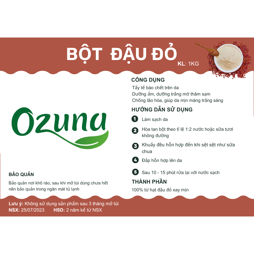 Bột đậu đỏ 1Kg nguyên chất xay mịn chăm sóc da mặt tẩy da chết dưỡng trắng body Ozuna Việt Nam