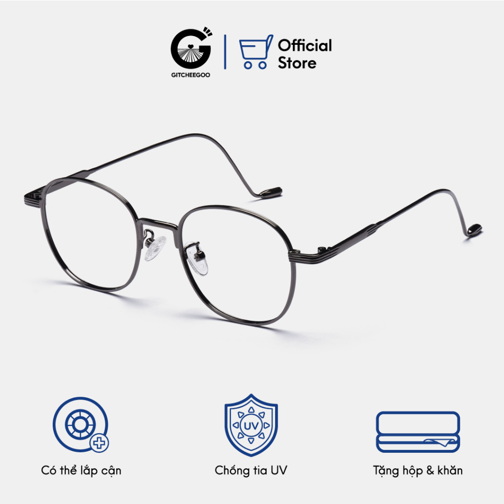 Gọng kính cận nam nữ Gitchee-Goo Jimmy gọng kim loại mắt oval, mắt kính chống tia UV