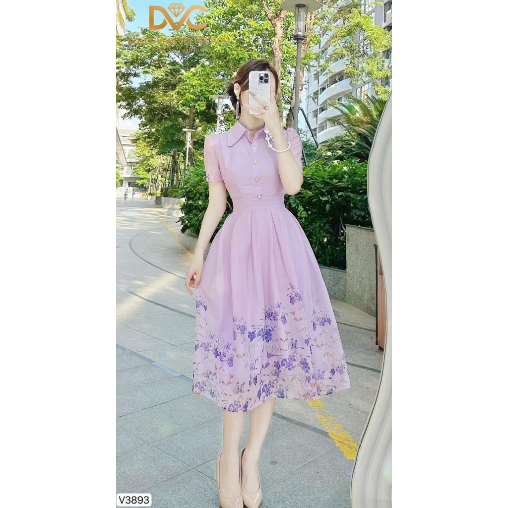 V3893 Váy sơ mi tím hoa nhí tiểu thư  váy đầm xoè hoa tím công sở