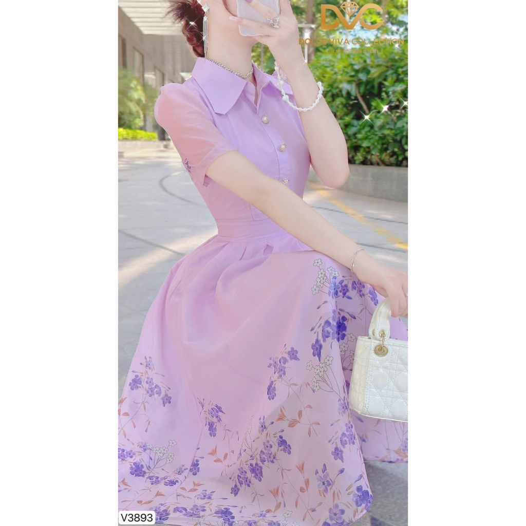 V3893 Váy sơ mi tím hoa nhí tiểu thư  váy đầm xoè hoa tím công sở