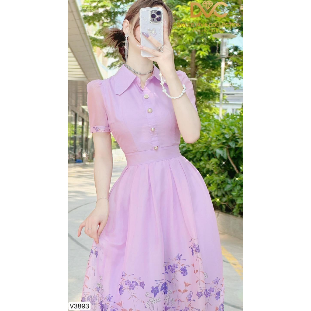 V3893 Váy sơ mi tím hoa nhí tiểu thư  váy đầm xoè hoa tím công sở