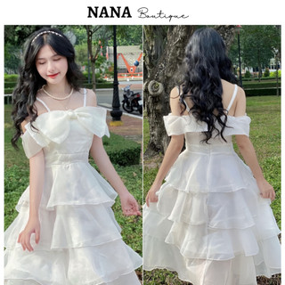 Váy tiểu thư công chúa 4 tầng phối nơ ngực, đầm dự tiệc thiết kế rớt vai có mút ngực