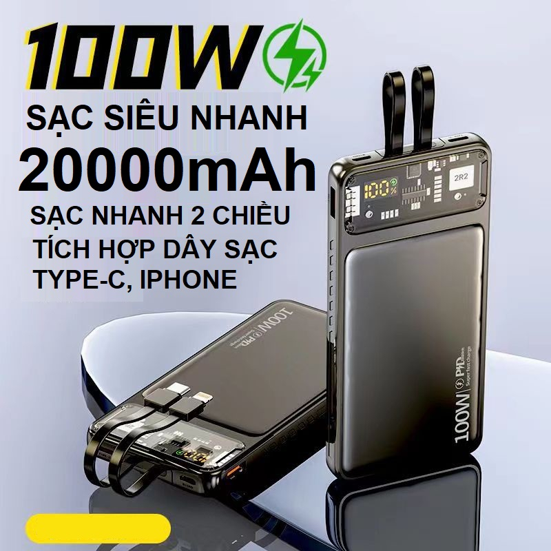 Sạc dự phòng siêu nhanh 100W 20.000mAH, dây sạc tích hợp tiện dụng, cổng Type-C sạc nhanh 2 chiều