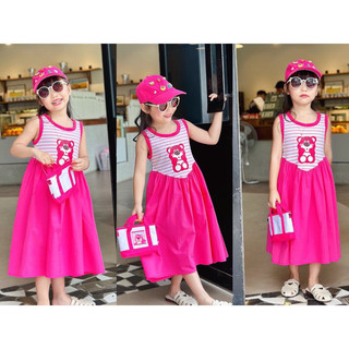 Váy gấu áo kẻ pha hồng bé gái