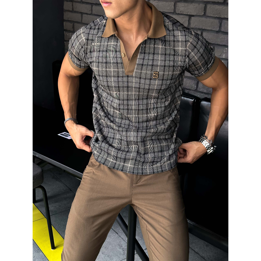 Áo Polo Nam Glen Check Brown, Chất Vải Cotton blend Thoải Mái, PL0067, SOMEHOW