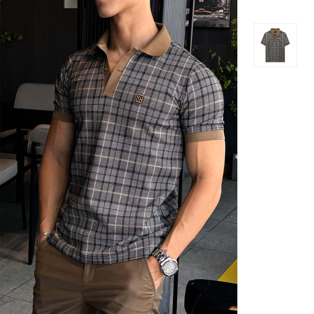 Áo Polo Nam Glen Check Brown, Chất Vải Cotton blend Thoải Mái, PL0067, SOMEHOW