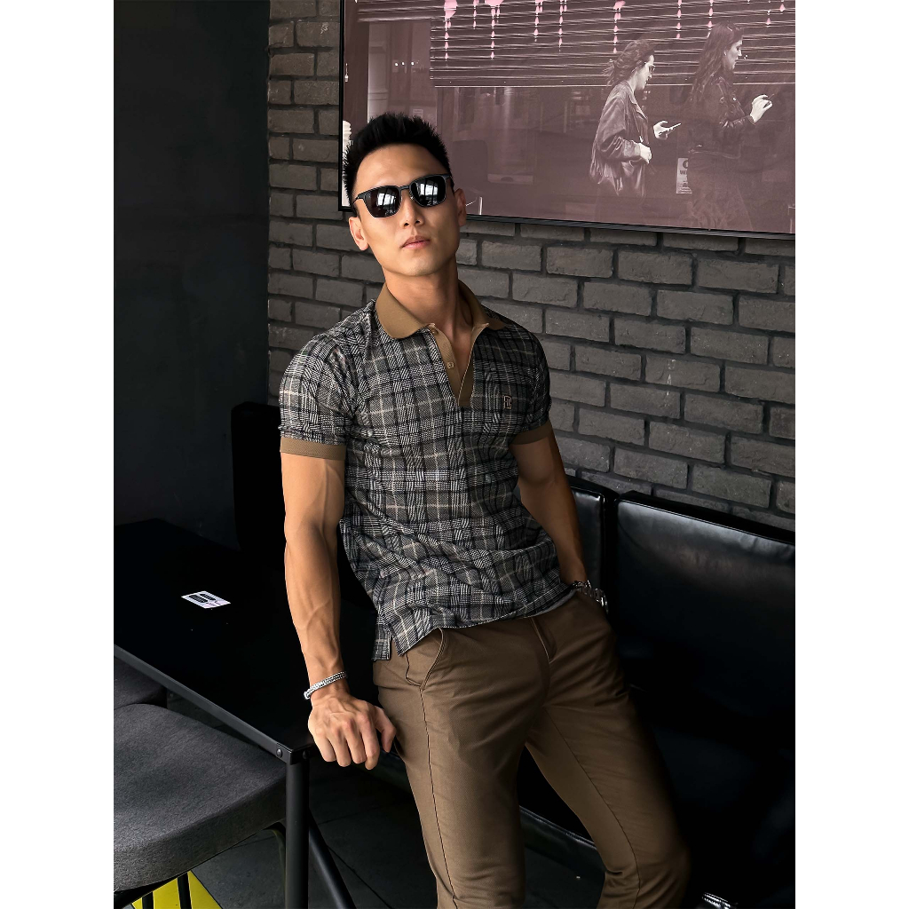 Áo Polo Nam Glen Check Brown, Chất Vải Cotton blend Thoải Mái, PL0067, SOMEHOW