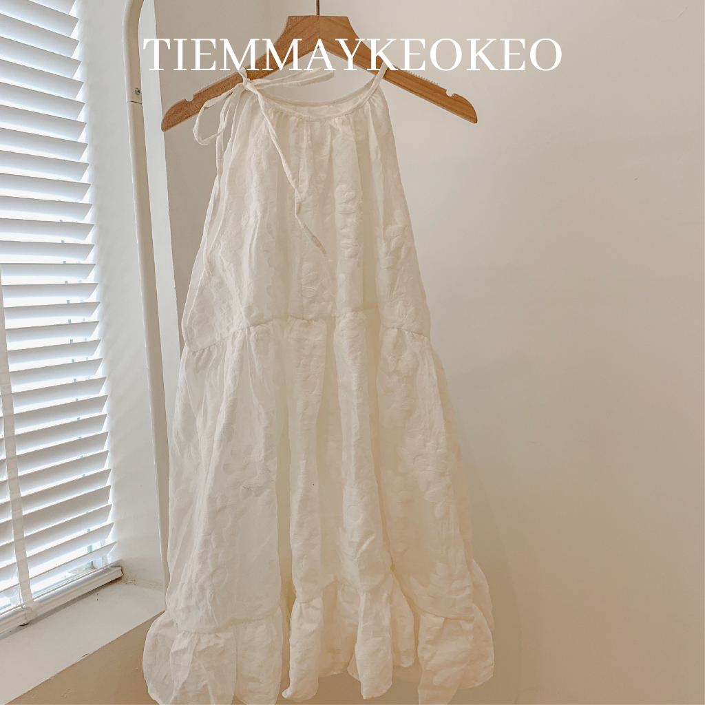 Váy cổ yếm buộc nơ vải tơ organza dáng xòe rộng hoa hướng dương TIEMMAYKEOKEO freesize 60kg bigsize thời trang nữ