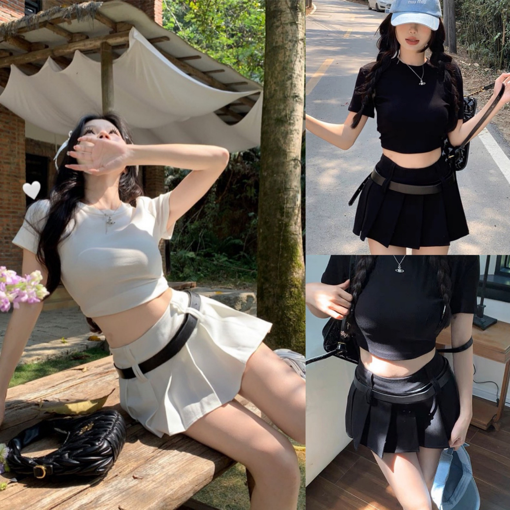 Sét Bộ Áo Croptop Cổ Trọn Tay Ngắn Kèm Chân Váy Xếp Ly Tặng Kèm Dây Nịt Bigsize Quỳnh Anh Từ 50 kg Đến 100 kg M/L/XL/XXL