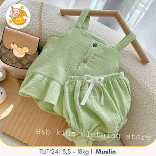 Bộ Đồ Bé Gái Cúc Gỗ Dễ Thương Hai Dây, Set Đồ Trơn Màu Pastel Cho Bé Vải Mát Cho Bé từ 5 - 15kg TuTi TuTi Baby TUTI24