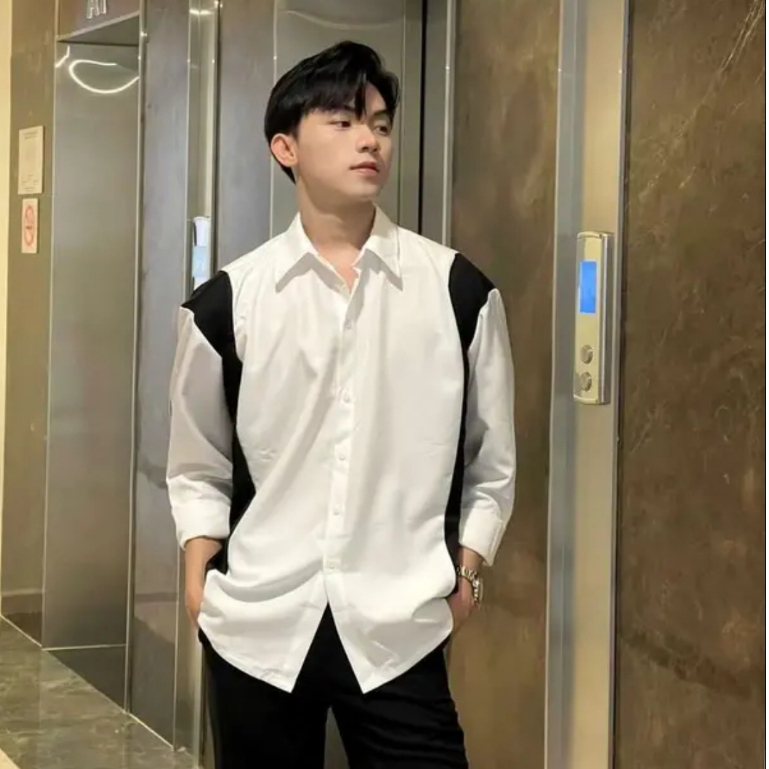 Áo sơ mi nam trơn dài tay phối 2 màu trắng đen chất vãi cotton lạnh cao cấp phong cách Hàn Quốc, From tôn dáng