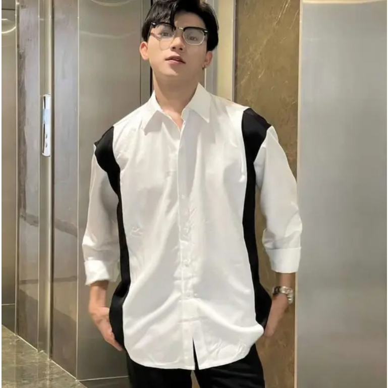 Áo sơ mi nam trơn dài tay phối 2 màu trắng đen chất vãi cotton lạnh cao cấp phong cách Hàn Quốc, From tôn dáng
